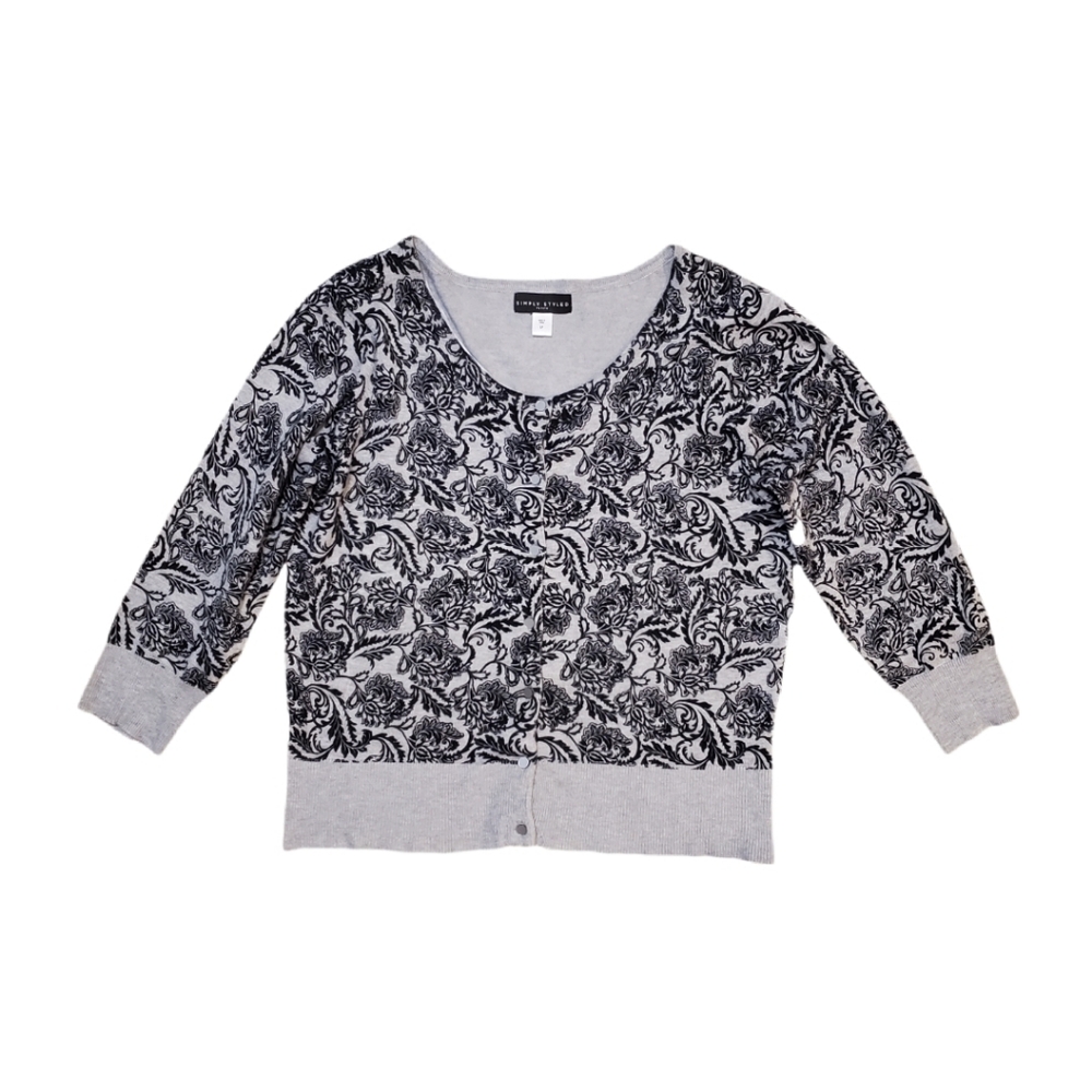 Simply Styled Gray Black Floral Print Button Front Cardigan Large Petite‎